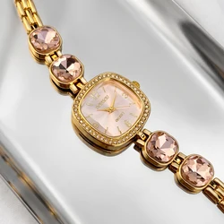 Vintage Elegance Women's Watch: Square Diamond - Set Face with Colorful Crystal Band (Pink)