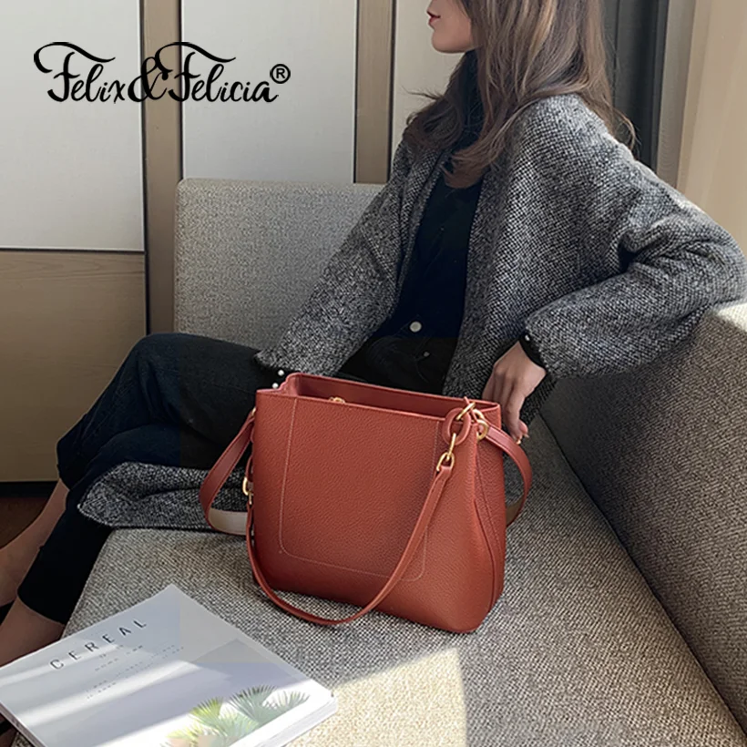 

FELIX&FELICIA Big Capacity Fashion Shoulder Messenger Bags for Women Genuine Leather Designer Crossbody Retro Bucket Tote Bag