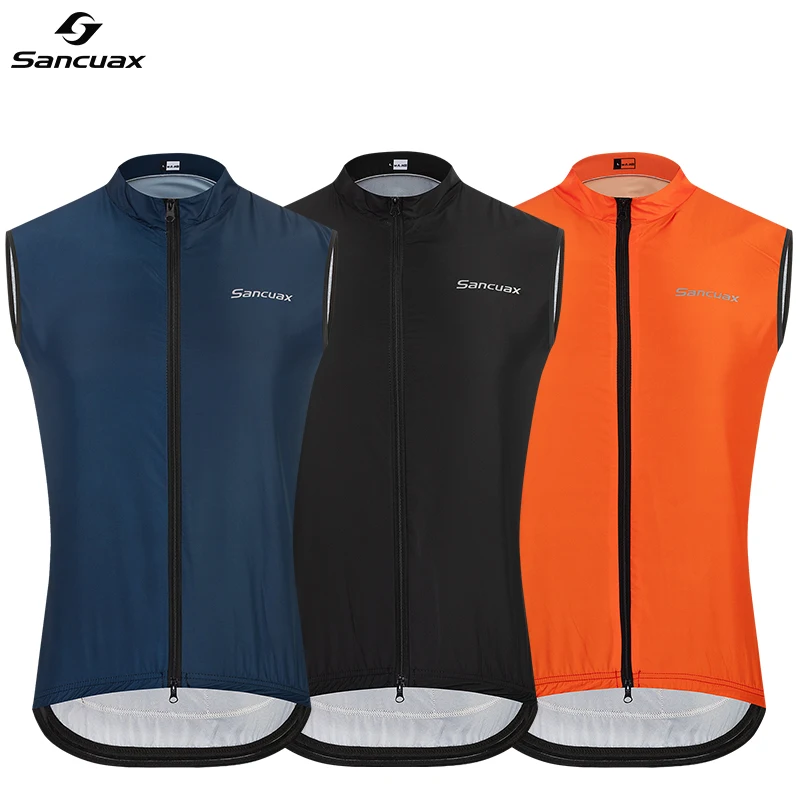 SANCUAX Cycling Vest, Men Windproof Sleeveless Gilet Two Way Full Zippers Windbreaker 3 Back Pockets