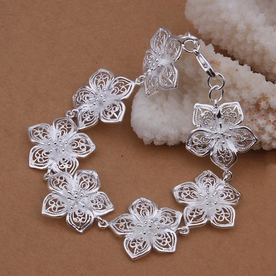

925 Sterling Silver Bracelet Flower Chain Elegant Beautiful Jewelry Wedding for Women Lady Cute 20cm 8inch