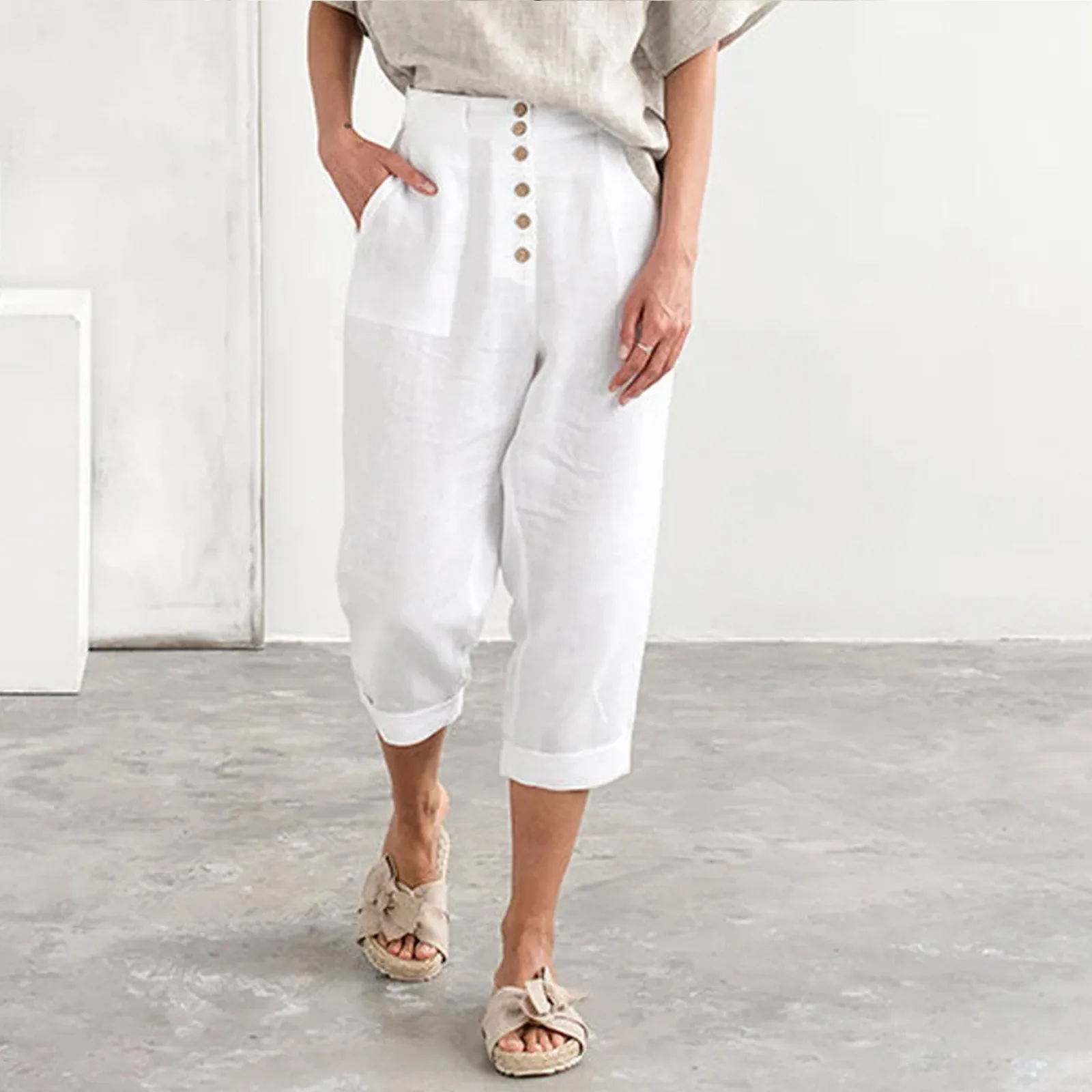 

Spring Summer Women's Tapered Pants Cotton Linen Front Button Up Waist Nine Points Pants Casual Trousers Pockets Work Trousers