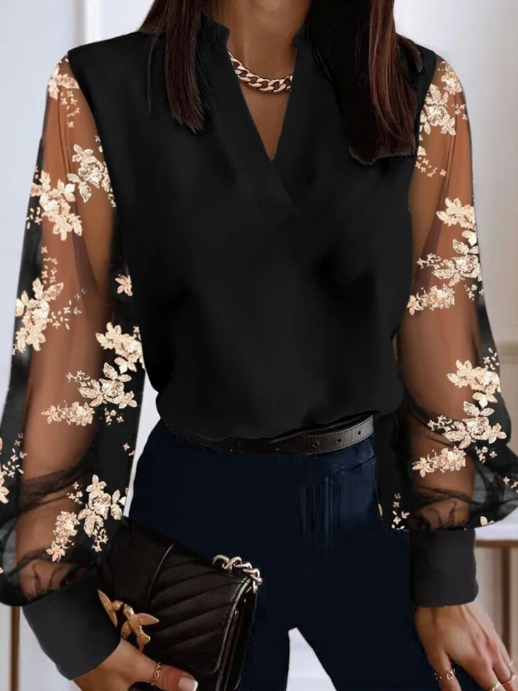 Lace Floral Embroidery V Neck Blouse for Women