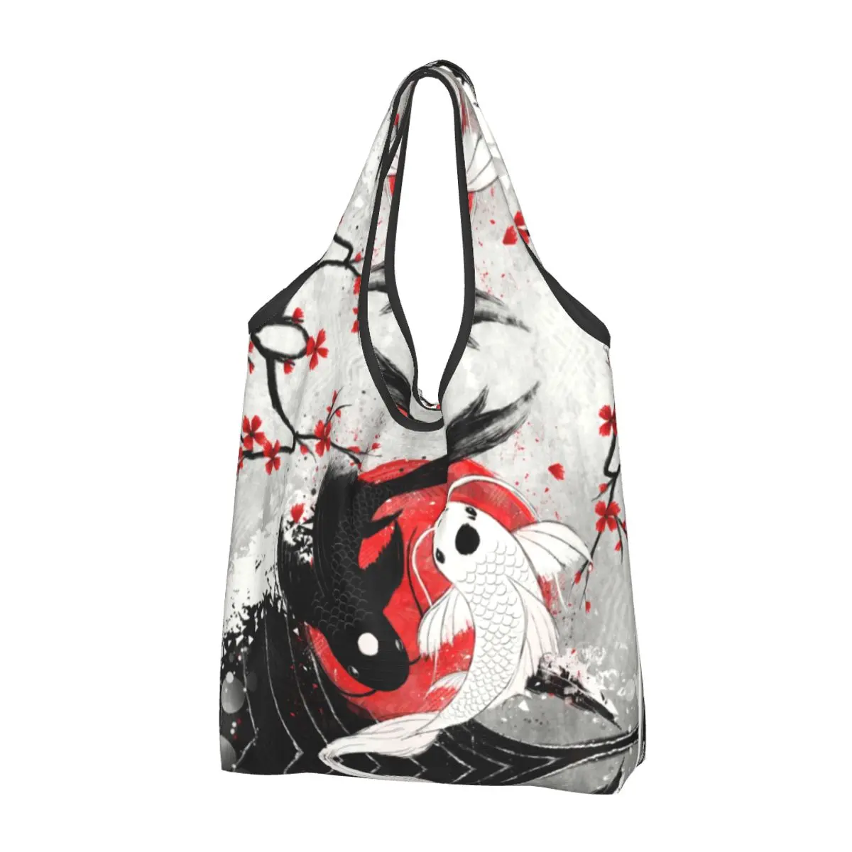 Cute Koi Fish Yin Yang Shopping Bags Women Portable Big Capacity Groceries Japanese Sakura Floral Tote Shopper Bags