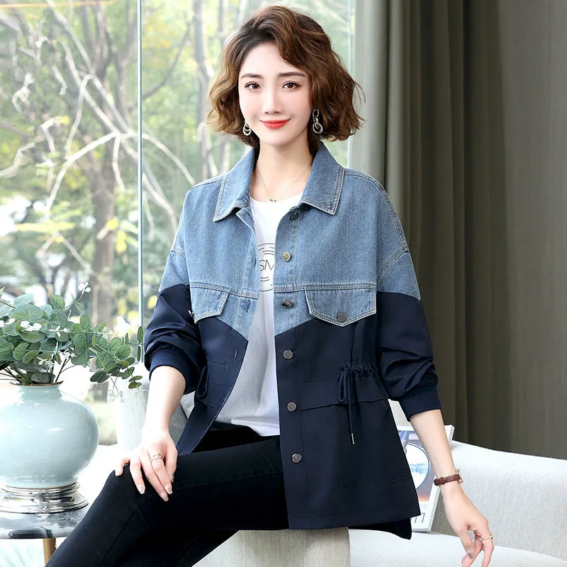 

Vintage Denim Jacket Women Mid-Length Drawstring Waist Thin 2023 Spring Autumn New Stitching Jeans Coat Ladies Clothes Tide F007