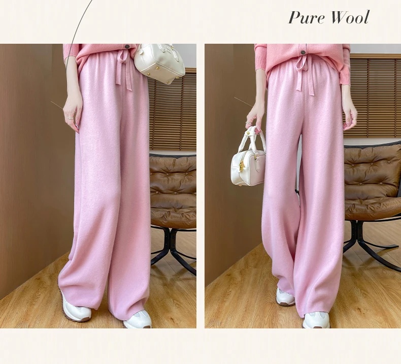 سراويل نسائية صوف مستقيمة للخريف والشتاء بخصر مطاطي 100% صوف ميرينو محبوك بجيوب صلبة سراويل كلاسيكية للمكتب للسيدات