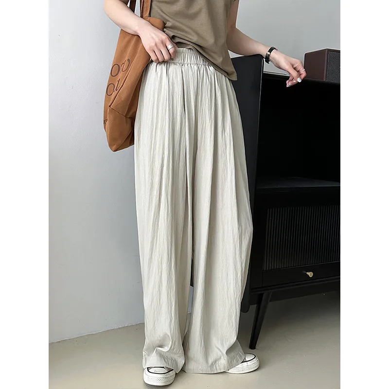 

Korean casual, loose and comfortable, high waist drape, straight elasticated waistband, crinkled long trousers