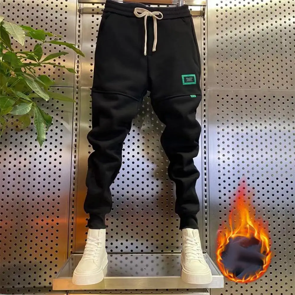 

Solid Color Sweatpants Thick Plush Ankle-banded Men's Pants with Drawstring Elastic Waist Patchwork Badge Decor Warm Winter