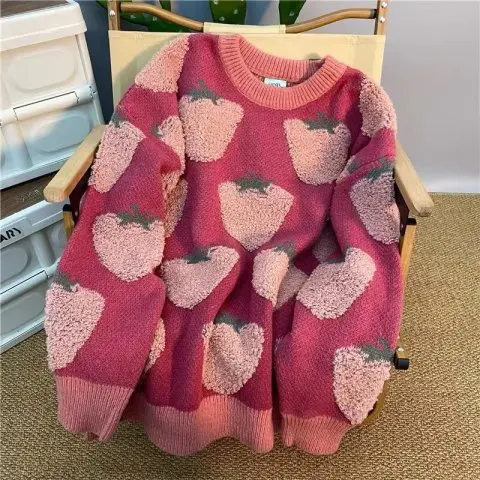 

Japanese vintage soft strawberry jacquard knitted sweater women loose couple coat long sleeve top blusas
