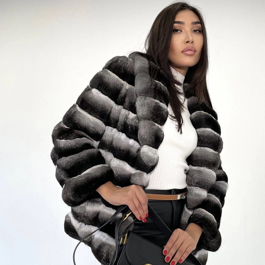 

Winter Natural Rex Rabbit Fur Coat Women Short Fur Jackets Chinchilla Fur Best Seller Real Fur Jacket