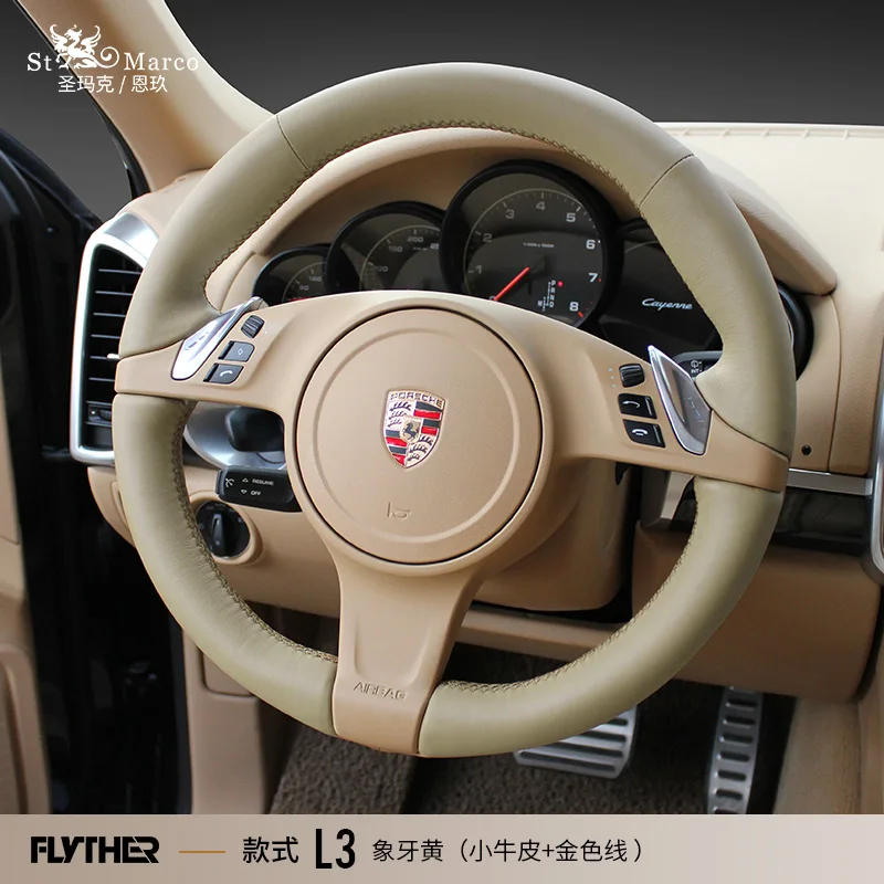 

DIY hand-Sewn Leather Car Steering Wheel Cover for Porsche Cayenne Macan Panamera 911 Taycan 718 Cayman Boxster Interior