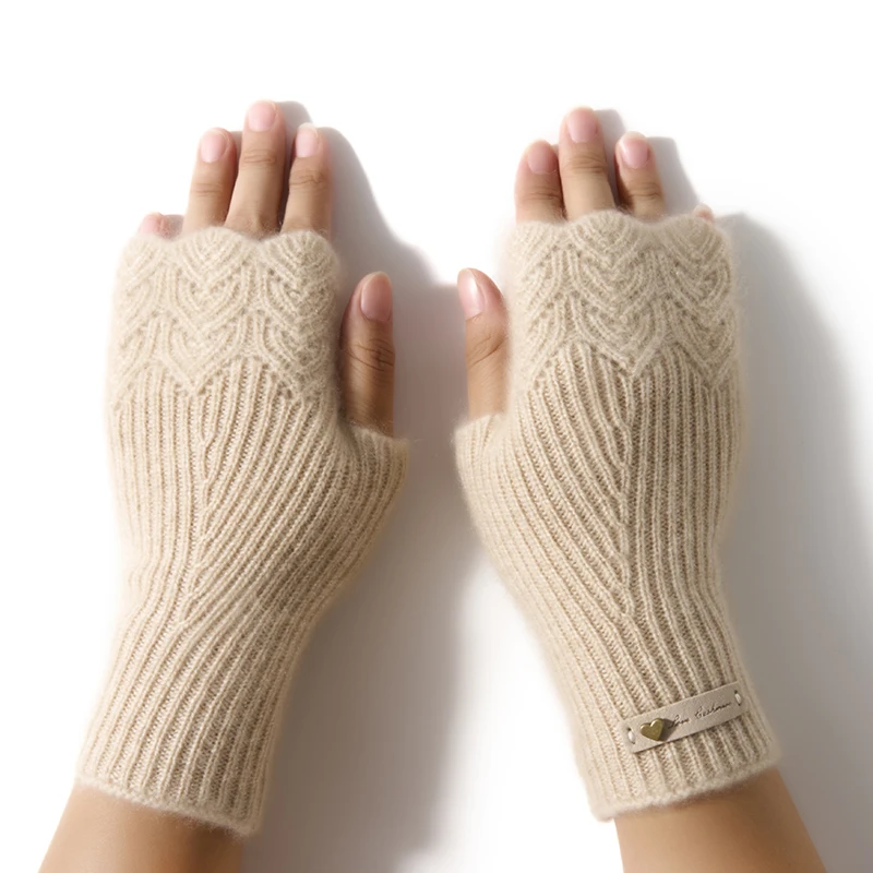 Benefit Price Damen-Handschuhe aus 100 % Premium-Kaschmir, gestrickte Spitze, fingerlose Handschuhe, elegante Damen-Thermohandschuhe, verlängerte Fäustlinge – Detail 11