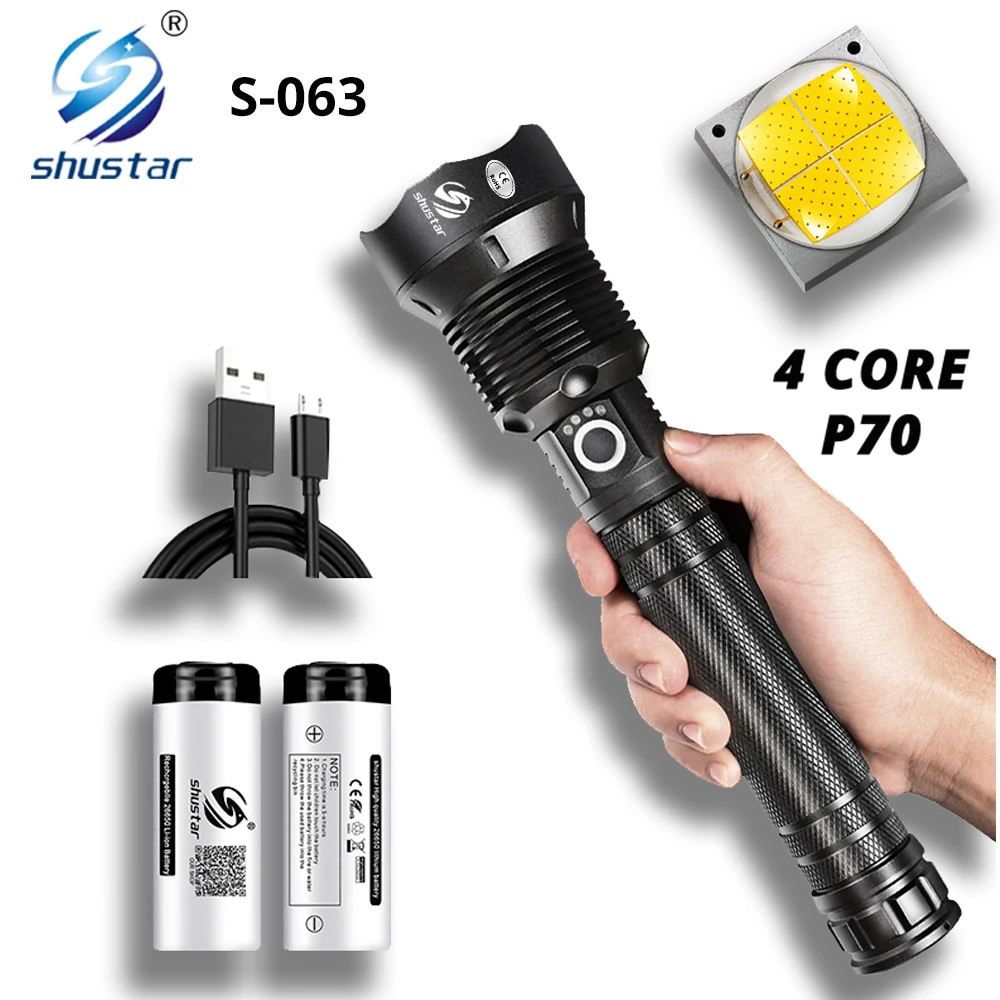 Powerful LED Flashlight with 4 Core P70 Lamp Bead Zoomable 3 Lighting Modes LED Torch Support for Mircro Charging Hunting Lamp flashlights