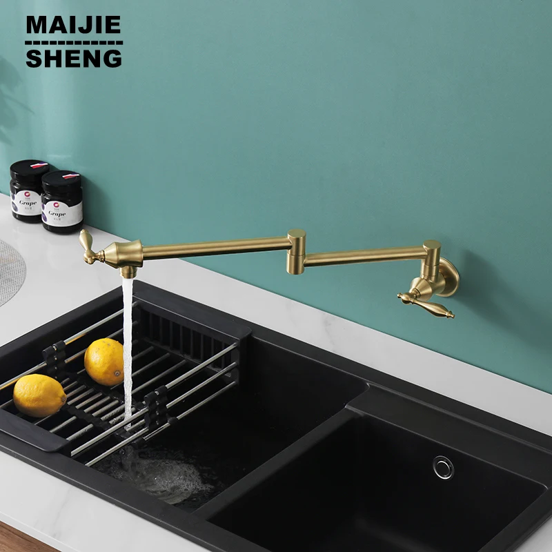 

Single Cold Single Hole Tap Gold Brushed Black Rotating Foldable Faucet Solid Brass Pot Filler Tap Wall Mount Kitchen Faucet