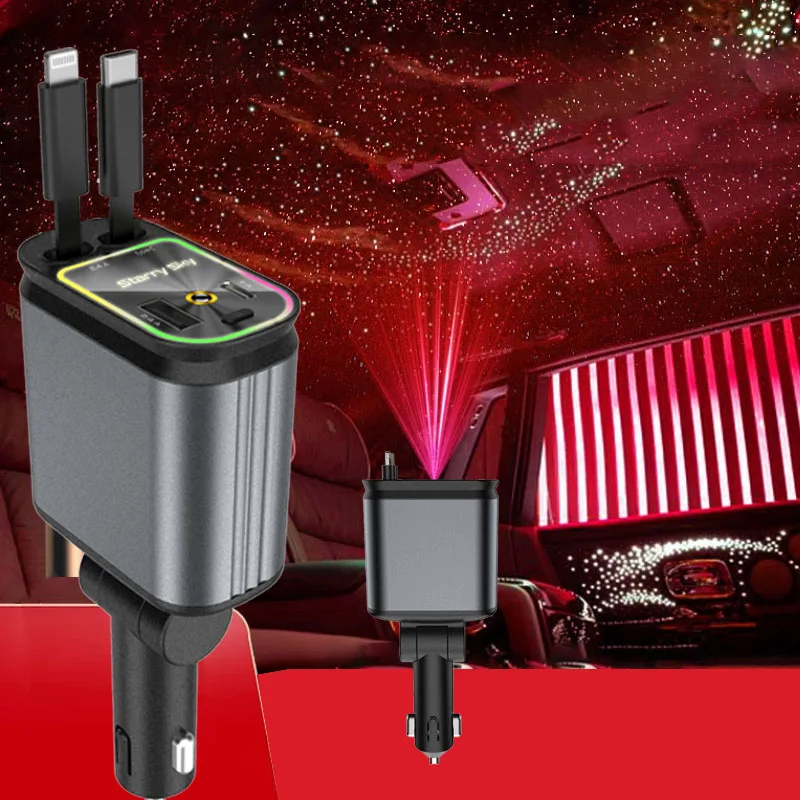 4-in-1 With 2 Retractable Cables 120W Fast Power Adapter Car Charger With Starlight For IOS Android Phones_voghion.com