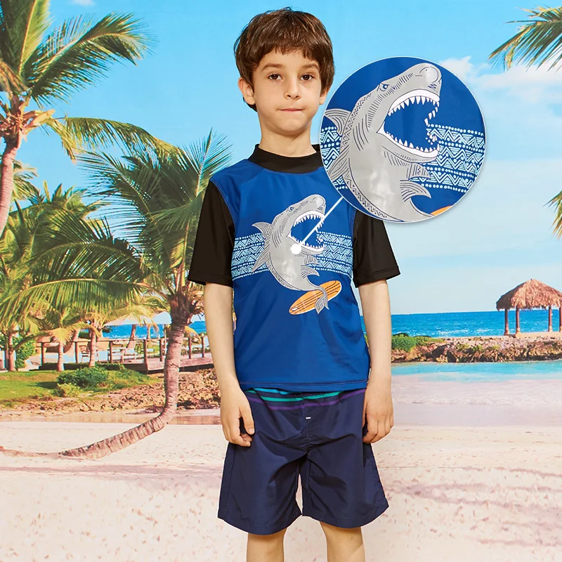 Summer Boys Short Sleeve Rashguard Kids Swim Suit UPF 50+ Sun Protection Shirts Boys Swimwear Navy Rash Guard Beach Wear