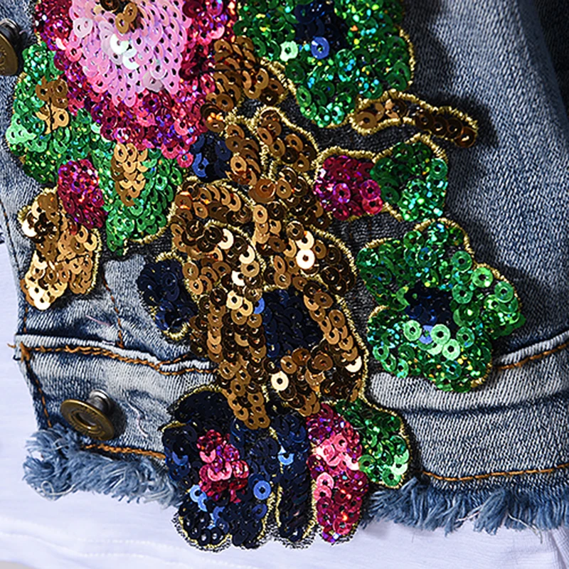 European Streetwear Denim Suit Fashion Outfit Women Color Sequined Denim Coat Short Jacket Skinny Jeans Pants Two-Piece Set