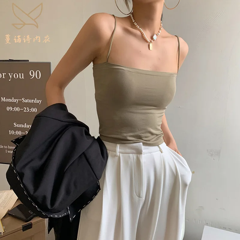 2022 Summer Women Camis Spaghetti Strap Tops Padded Sexy Girls Solid Elastic Tube Club Streetwear |