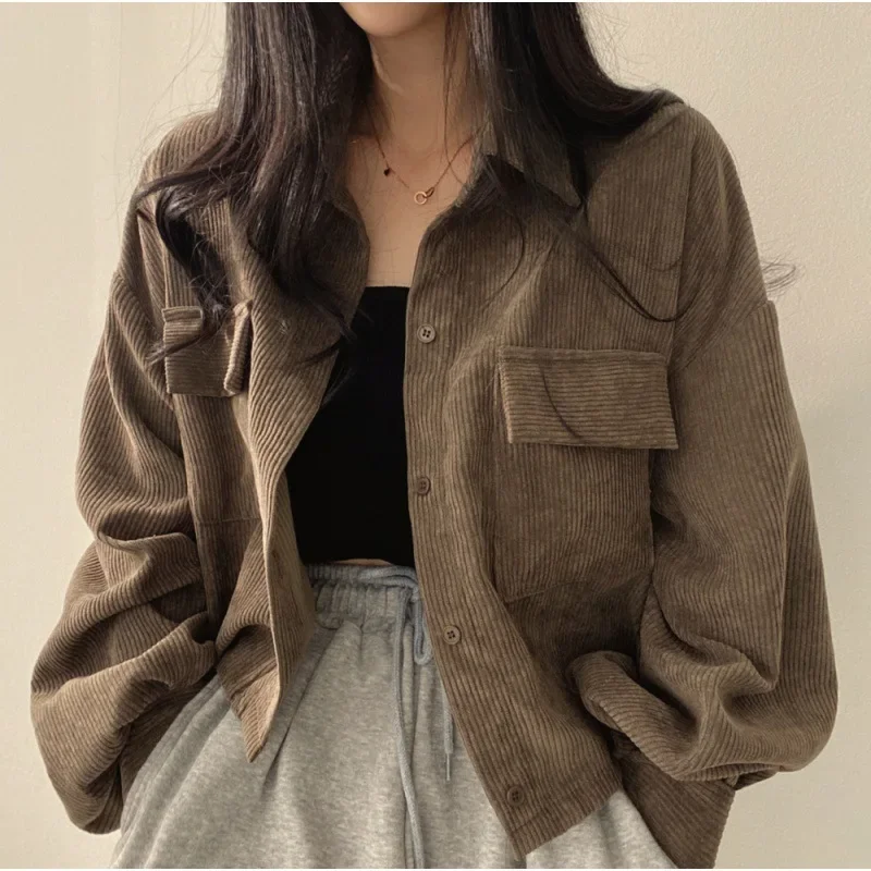 Crop Jackets Women Corduroy Pure Simply Vintage Korean Fashion Button-up Clothing Baggy Temper Куртка Женская Teens Streetwear женская повседневная мода свободная однотонная шляпа плюс флисовый воротник карманная куртка