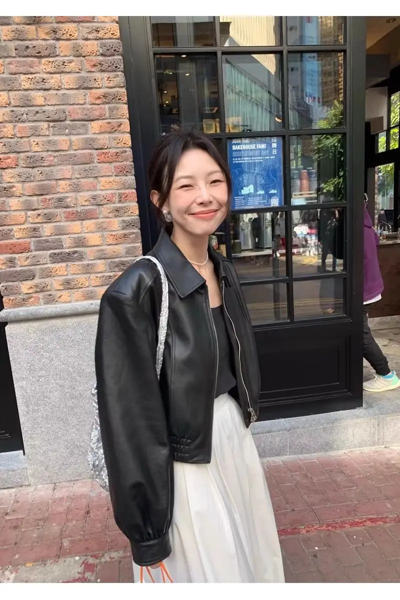 クロップド レザー ジャケット 韓国 きれいめ アウター 女性用ジッパー付きクロップドレザージャケット,バイカー,コート