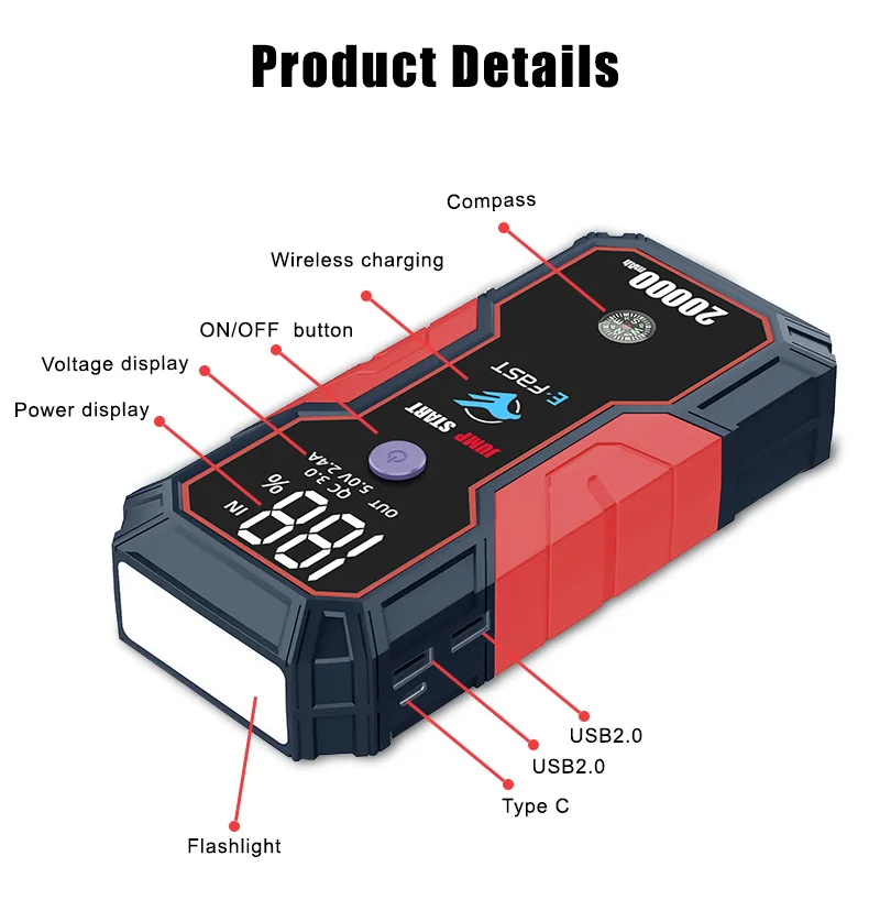 Huamade 20000mah Autobatterie Starthilfe Powerbank 800A Tragbares  USB-Schnellladegerät mit LED-Lampe 12V Notfall-Booster