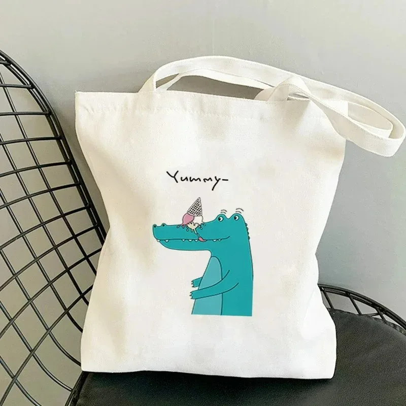 Cartoon Dinosaur Women Shoulder Bags Graphic Harajuku CanvasTote Handbag Large Capacity Shopper Bags No Zipper Eco Girl Handbags 2