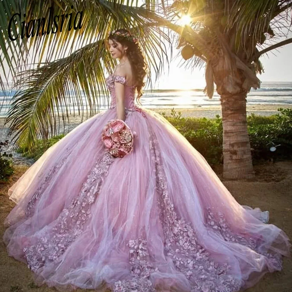 

Розовые блестящие платья для Quinceanera 2023, строгие Роскошные блестящие кружевные аппликационные милые 15 платьев, бальные платья Gwon для выпускного вечера