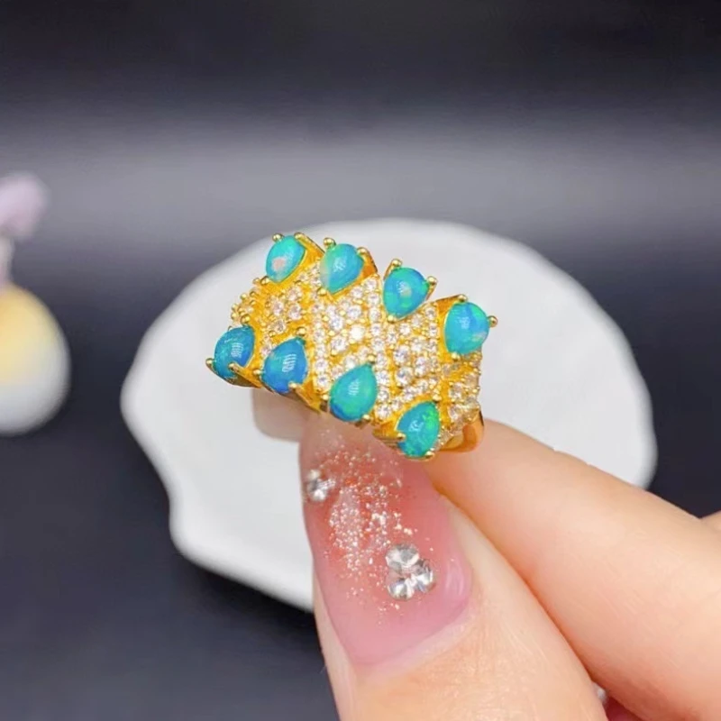 

100% Real 925 Silver Ring with 18K Gold Plated 3mm*4mm Opal Ring Luxury Natural Dyed Blue Opal Jewelry for Party