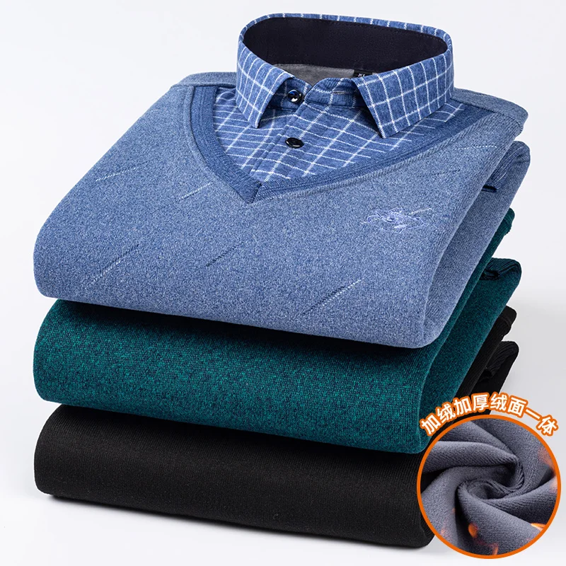 camisas de hombre imitation two piece set men clothing designer clothes long sleeve fleece thickened warm sweater men clothing 2