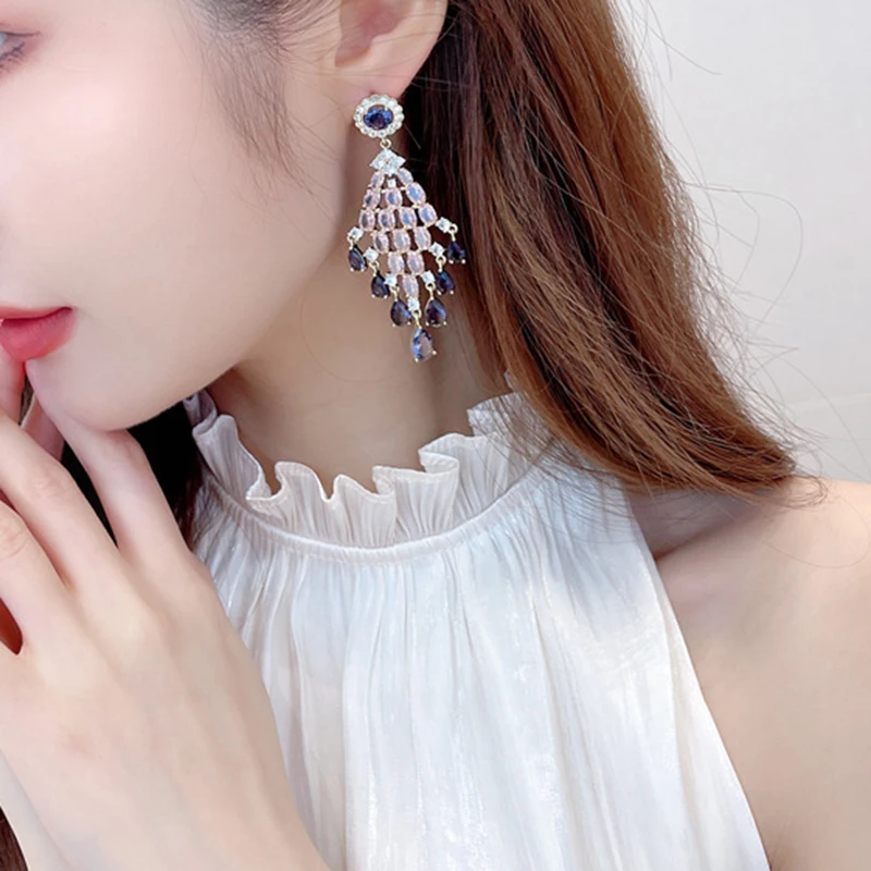 Elegant Multicolors Cubic Zirconia Long Tassel Waterdrop Fringed Dangle Earrings Chirstmas Party Jewelry Gift For Women Fashion