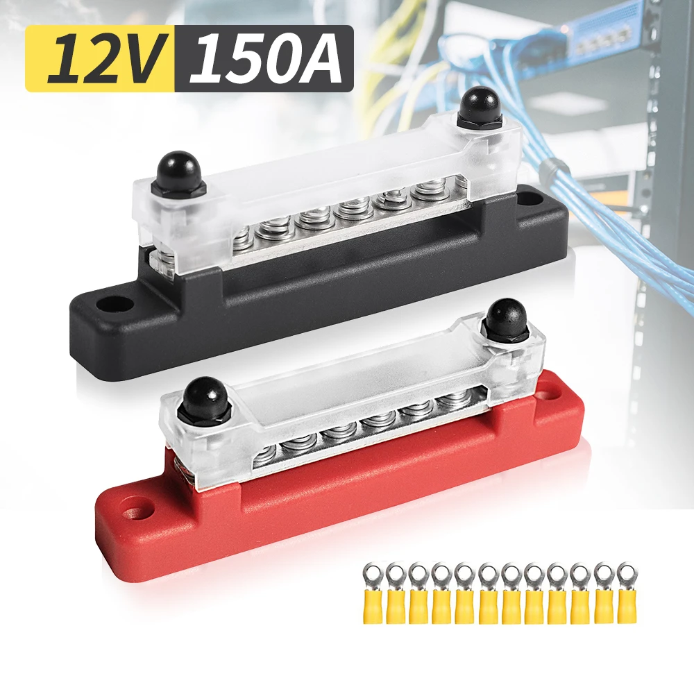 2pcs 12V 150A 6 Ways Bus Bar Ground Distribution Block Panel +12pcs Terminal Truck Boat Marine