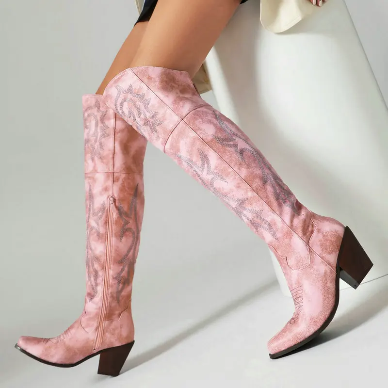 

Pink Western Cowboy Boots 2024 New Winter Embroider Cowgirls Knee-high Boots With Side Zip Girl Knight's Boots