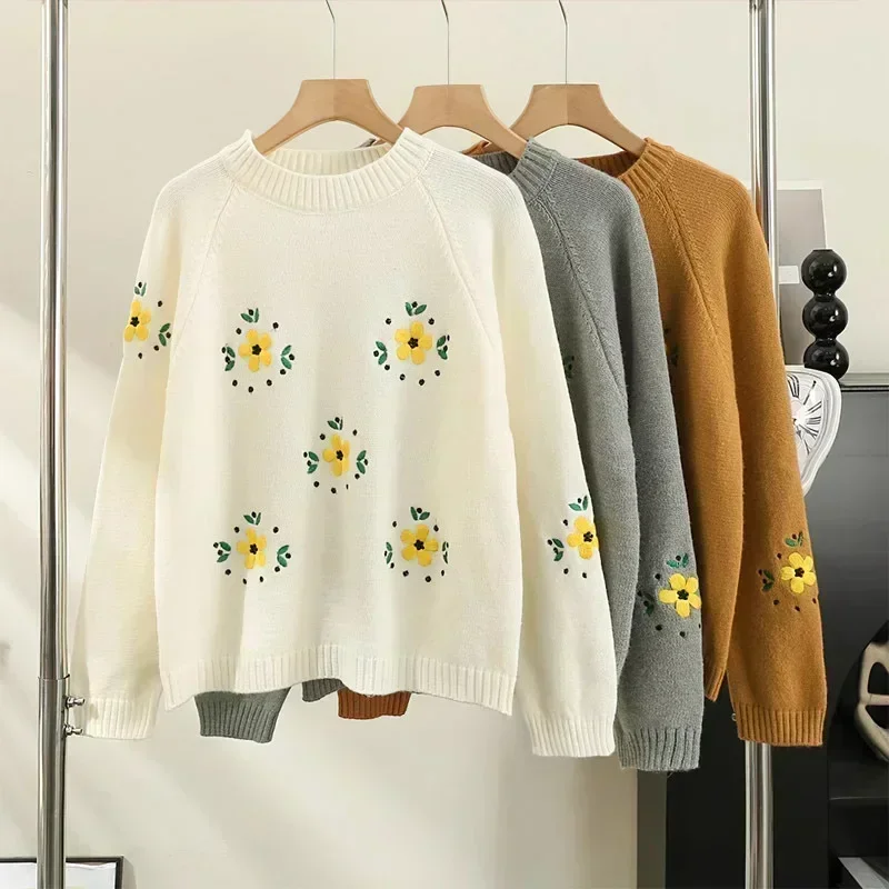 

floral print pull Sweater Korean sweet knit pull loose knitted pullovers femme slouchy style Knitted Sweater Women winter tops