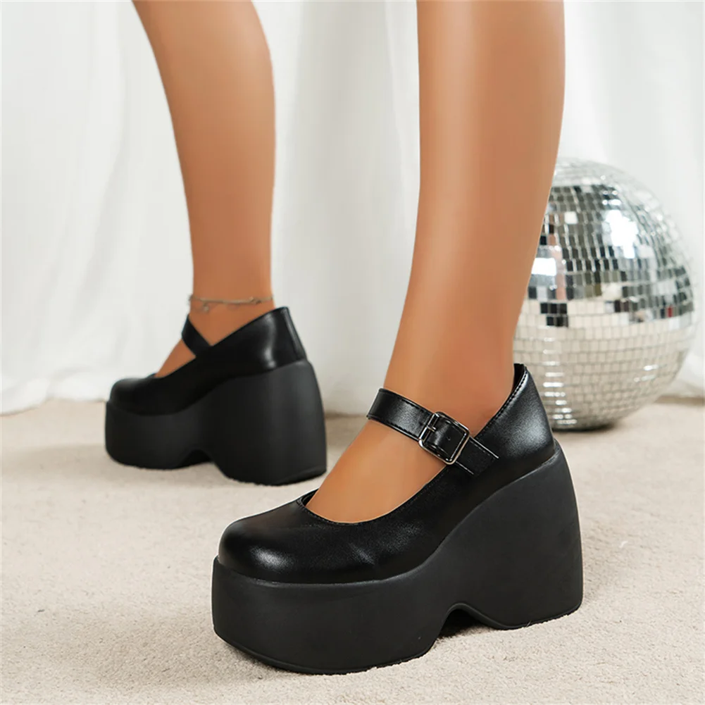 

RIBETRINI 2023 Brand New High Chunky Heeled Women Pumps Mary Janes Platform Wedges Buckle Strap Round Toed Spring Autumn Shoes