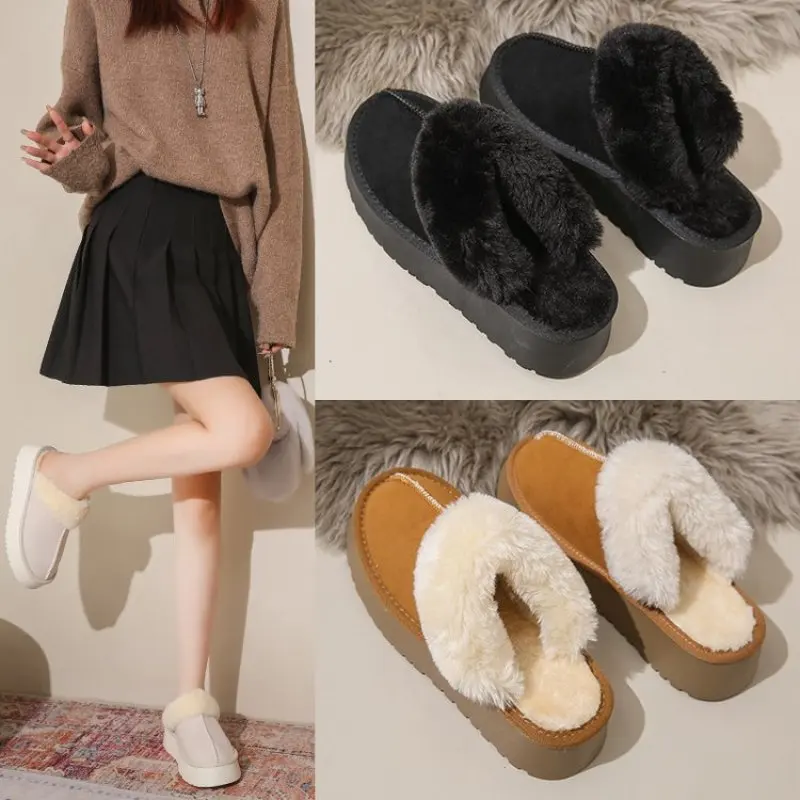 Fur Slippers Women Winter Plush Sandals  Luxury Slip on Platform Slides Female Thick Sole Designer Cotton Home Shoes Plus Size