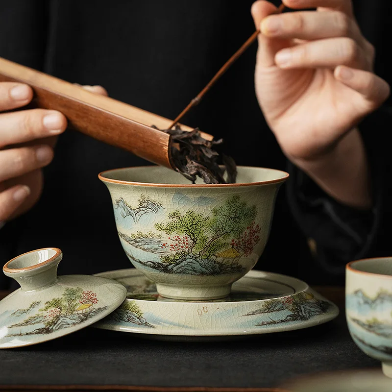 Retro Porcelain Gaiwan Pot Tray Tea Cup High-End Single Gaiwan Large Capacity Tea Making Hand-Held Cup Kung Fu Set