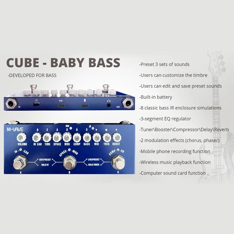 Description Picture 5 of itemM-VAVE CUBE BABY Portable Multifunctional Bass Combined Effect Pedal with Wireless Music Playback Phone Recording AudioType-C