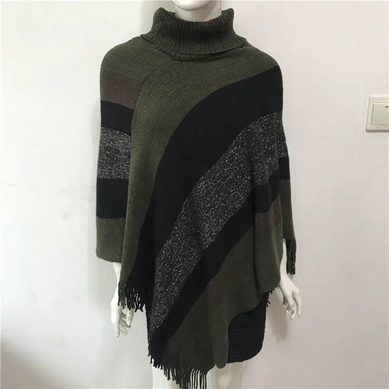 

Spring Autumn New Women Irregular High Neck Striped Tassel Shawl Cloak Sweater Pullover Blouse Female Jacket Green