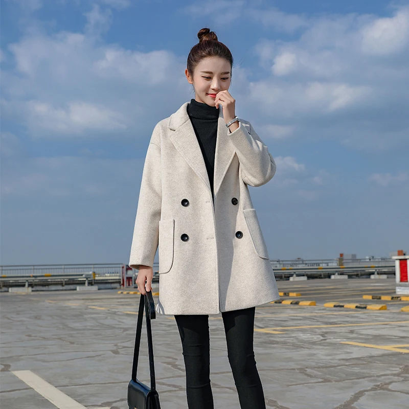Women Long Sleeve Double Breasted Fashion Jackets Winter Casual Loose Elegant Black Outwear Female Wool Blend Warm Coat Trench