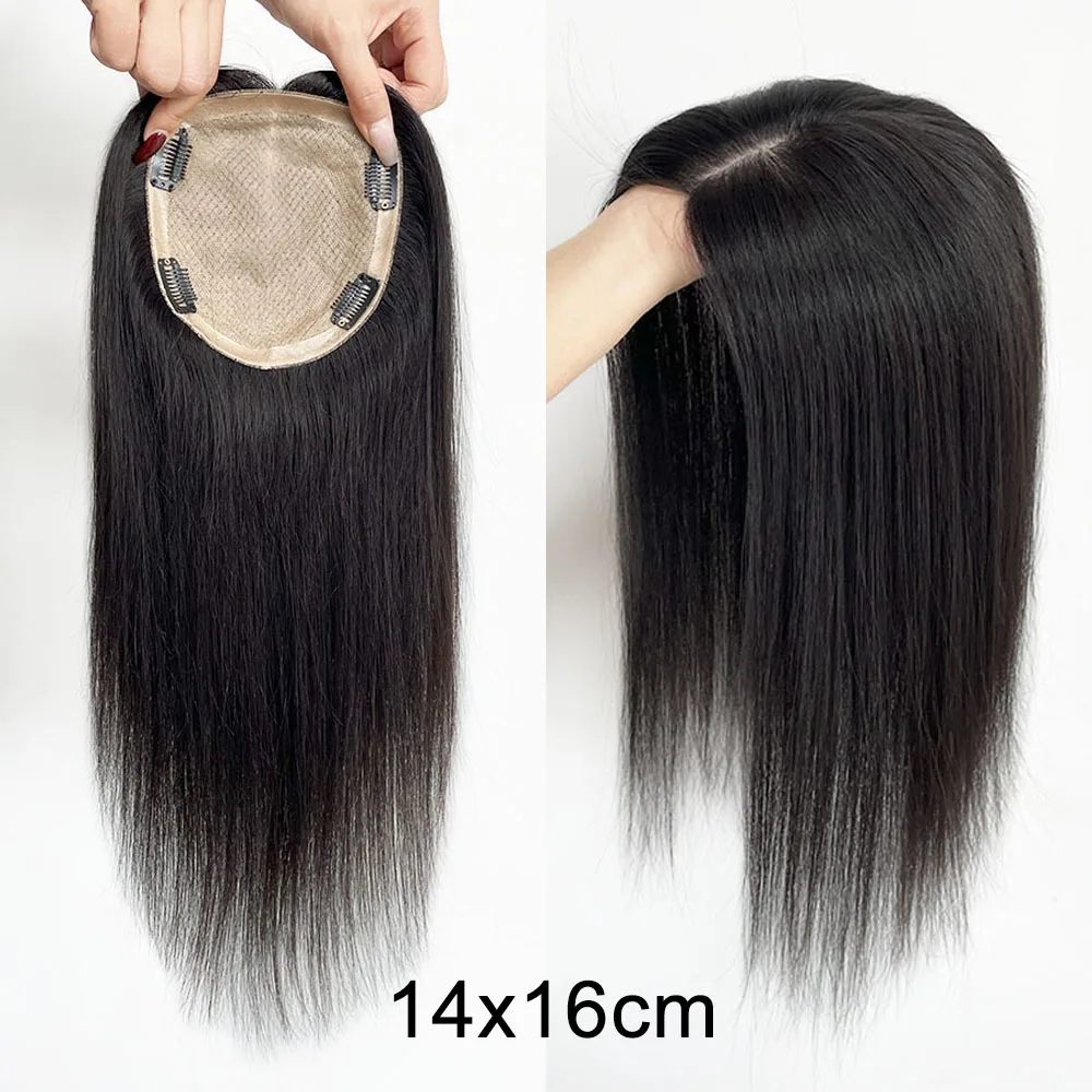 Topper per capelli umani con base in seta, capelli Remy europei lisci, completamente annodati a mano, morbidi e traspiranti, con clip per donna - immagine 3