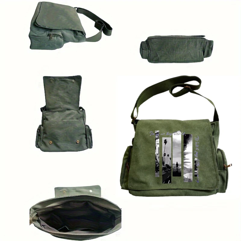 Vintage Men's Shoulder Bag Canvas Letter Print Large Capacity Messenger Bag for Travel Laptop Bag