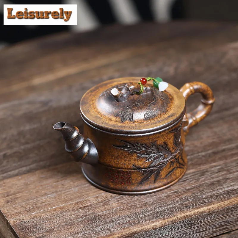 430ml Handmade Yixing Purple Clay Teapots Handmade Bamboo Pot Raw Ore Wood-fired Porcelain Mud Kettle With Filter Zisha Tea Set
