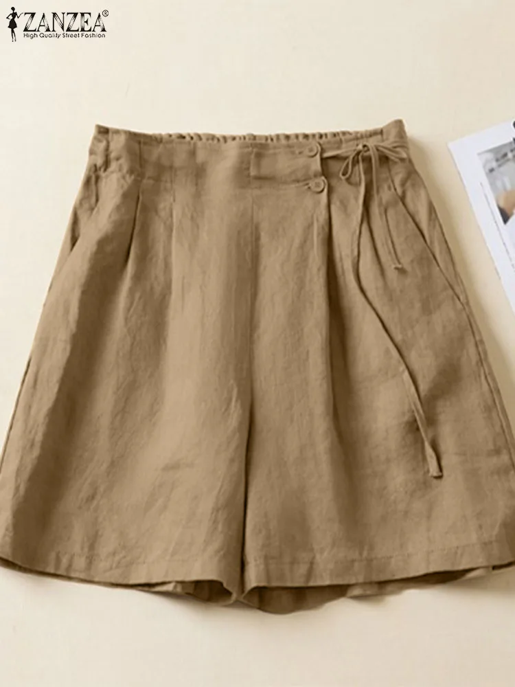 

ZANZEA Female Cotton Shorts Women Vintage Solid Pantalon Palazzo Summer Elastic Waist Casual Short Elegnat Loose Wide Leg Pant