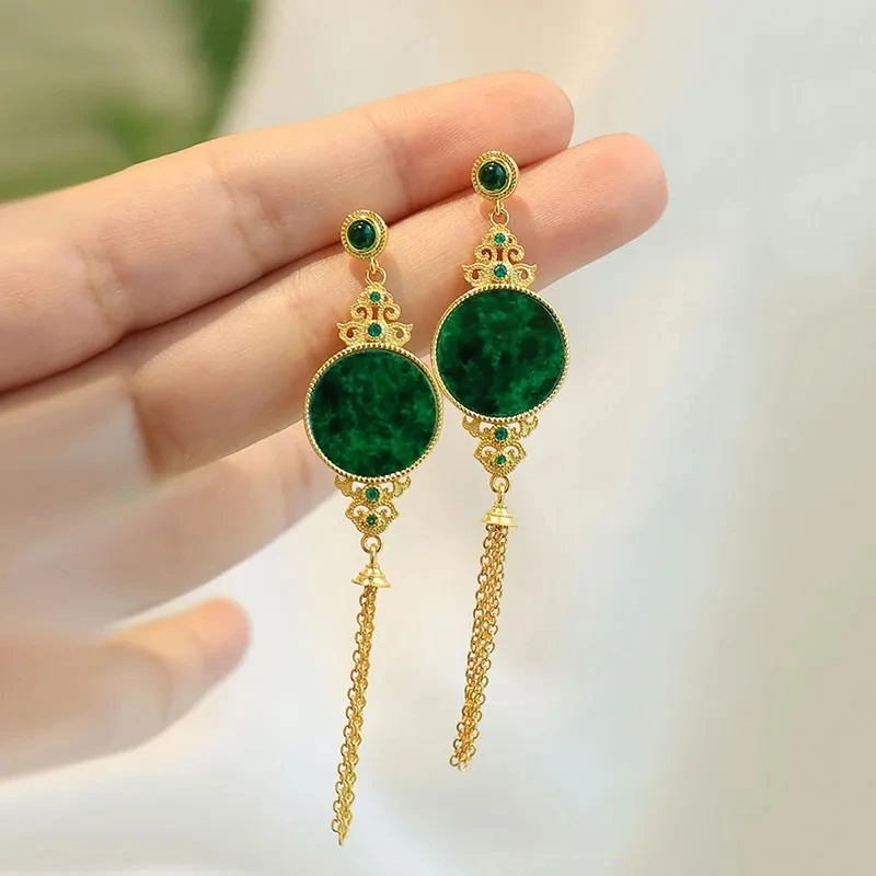 

Fresh quietly elegant retro Chinese styles natural Hotan Jade earrings for women green classical and fine Jewelry accessories