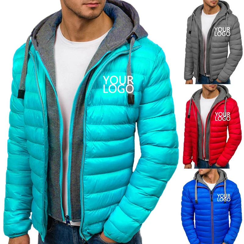 Custom Logo Winter Cotton Jacket Double Hooded Solid Color Coat Warm Foam Jacket Zipper Stripe Men's Fashion Sports Clothing