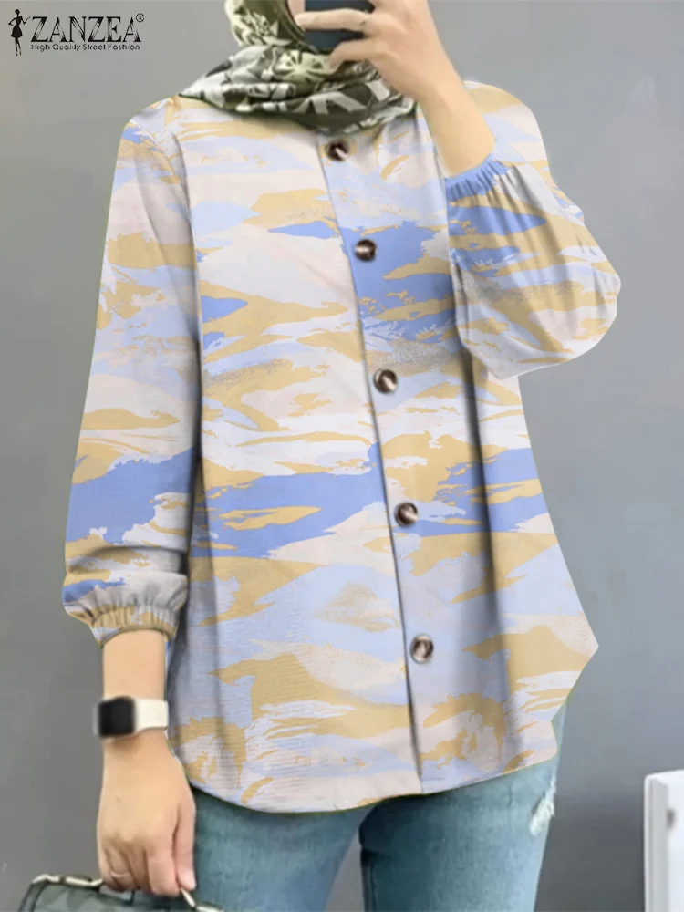 

ZANZEA Bohemian Printed Blouse Muslim Fashion Puff Sleeve Chemise Vintage O-Neck Blouses Casual Loose Tops Islamic Clothing