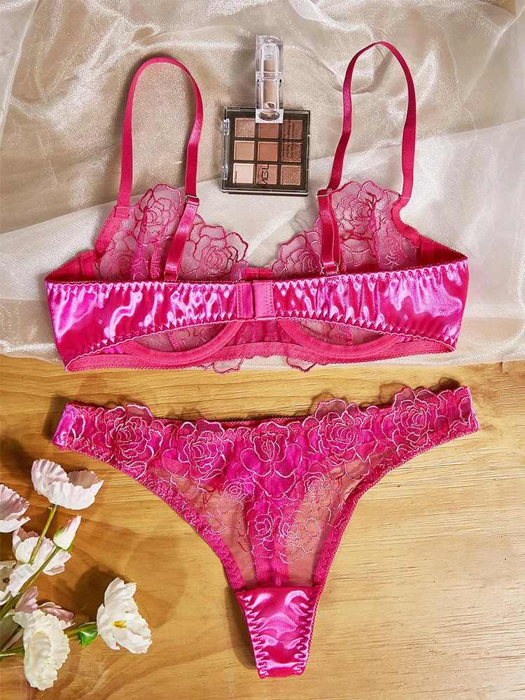 Fancy Embroidery Lingerie Mesh Transparent Bra Set Sexy Women Underwear Rose Red 2 Piece Set Bilizna Romantic Intimate Lingerie
