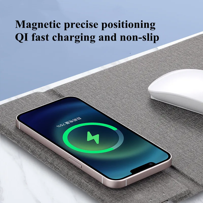 Couro Mouse Pad com qi Pad de Carregamento sem Fio Esteira Suporte do Telefone para Xiaomi Iphone Samsung Galaxy Huawei Tipo-c Telefones em pu - Imagem 4