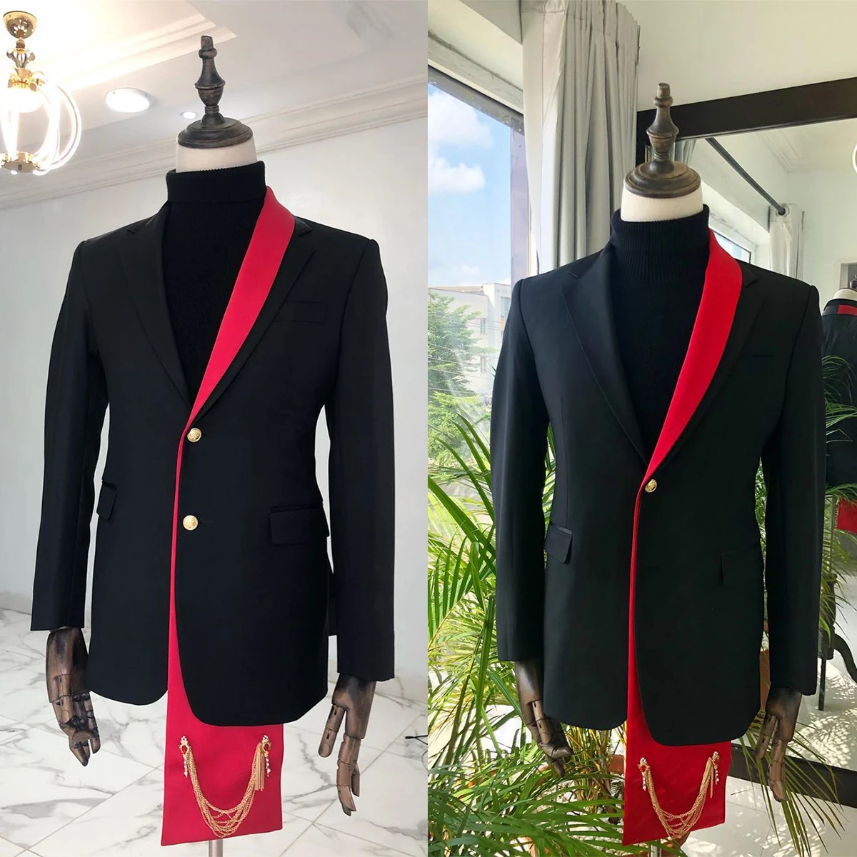 Men's Suit 2 Pieces Sequins Blazer Pants Red Peaked Lapel Single Breasted Tuxedo Wedding Groom Formal Tailored Costume Homme