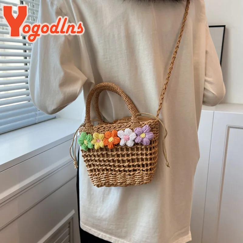 Yogodlns New Straw Woven Women Bag Summer Flower Fashion Woven Bag Handbag Paper Rope Hollow Casual Popular Shoulder Bag