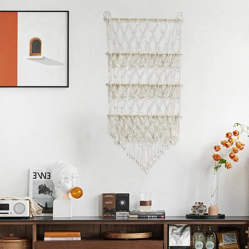 

Handmade Bohemian Woven Floating Shelves Macrame Wall Shelf 3 Tier Toy Mesh Macrame Decor For Bathroom Women Bedroom Storage